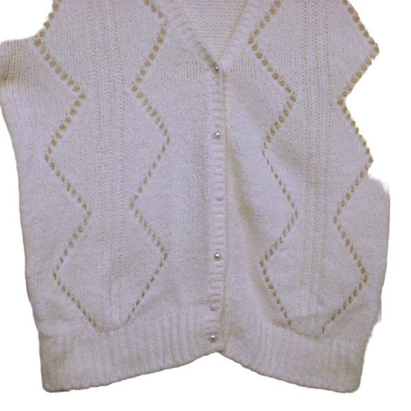 Vintage 80s Jason Maxwell Knit Cardigan -XL Lacey Zig-Zag Buttons-up Cream Vneck - Picture 3 of 7